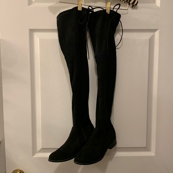 None Shoes - BLACK SUEDE OVER KNEE BOOTS WITH STRING TIES AT TOP FOR FIT SZ 7 1/2 (worn once)